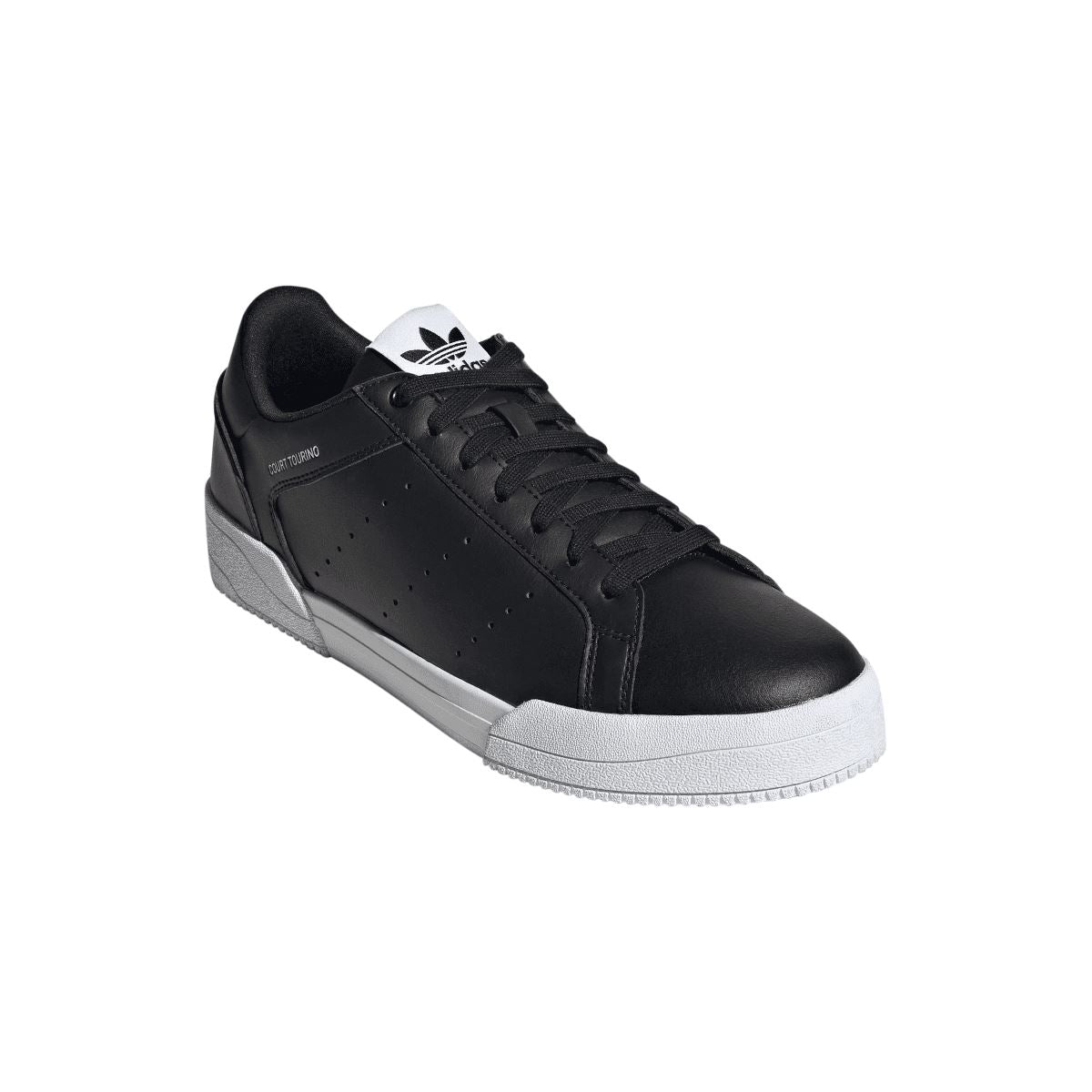 adidas Court Tourino black trainers, angled side view with lace-up and white sole