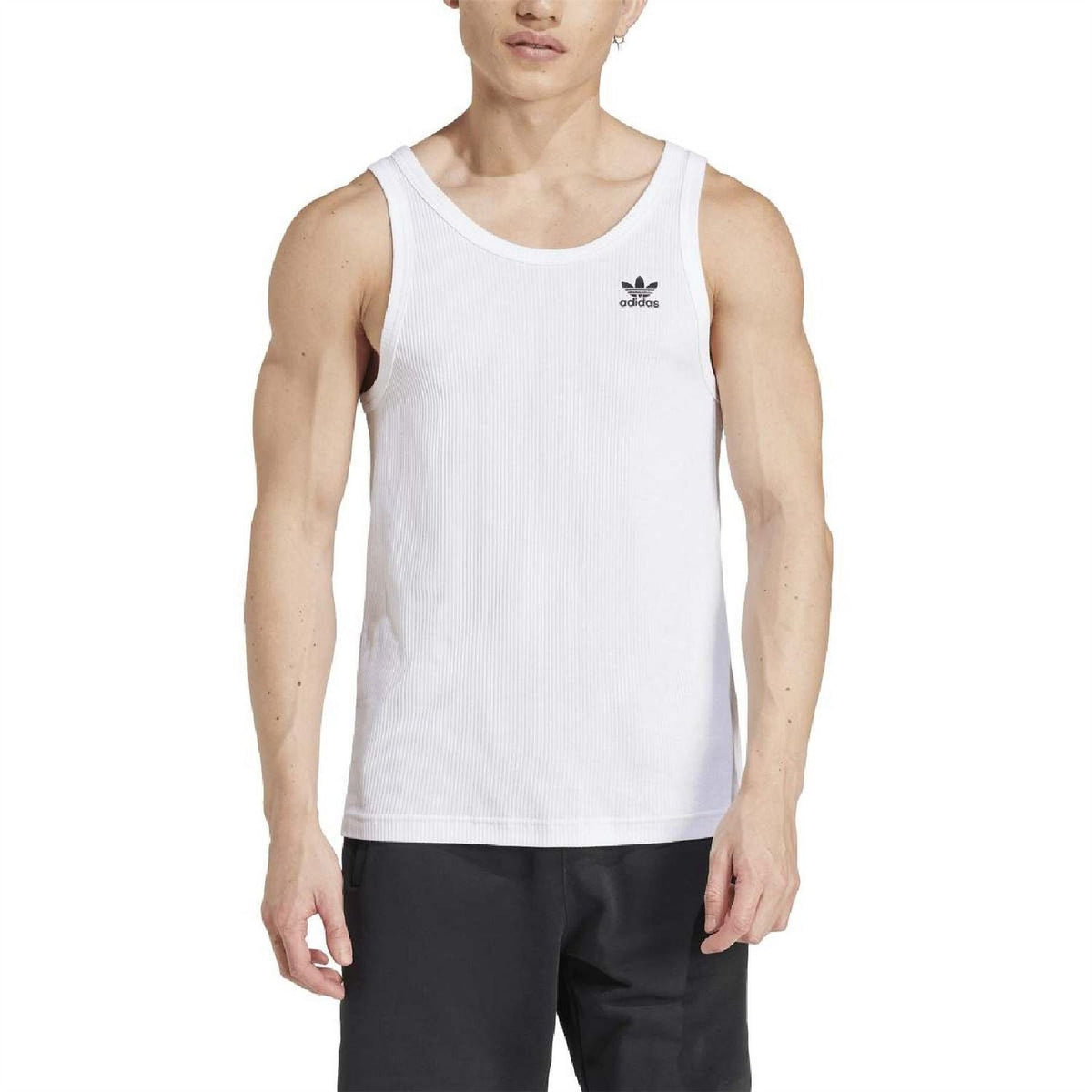 White sleeveless scoop-neck tank with adidas logo on upper chest