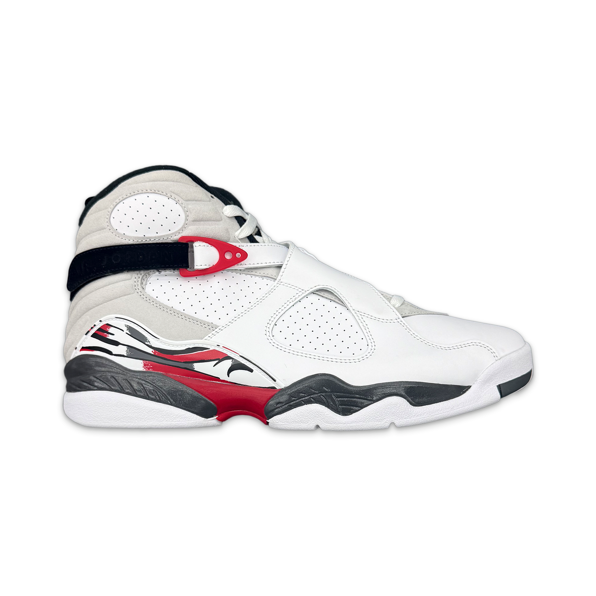 Air Jordan 8 Retro white leather sneaker with red-and-black side panel, lace-up.