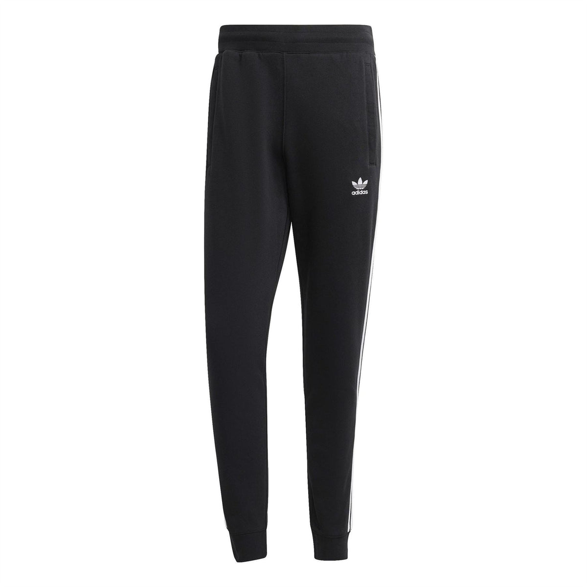 Black slim jogger pants with ribbed cuffs and adidas logo on thigh