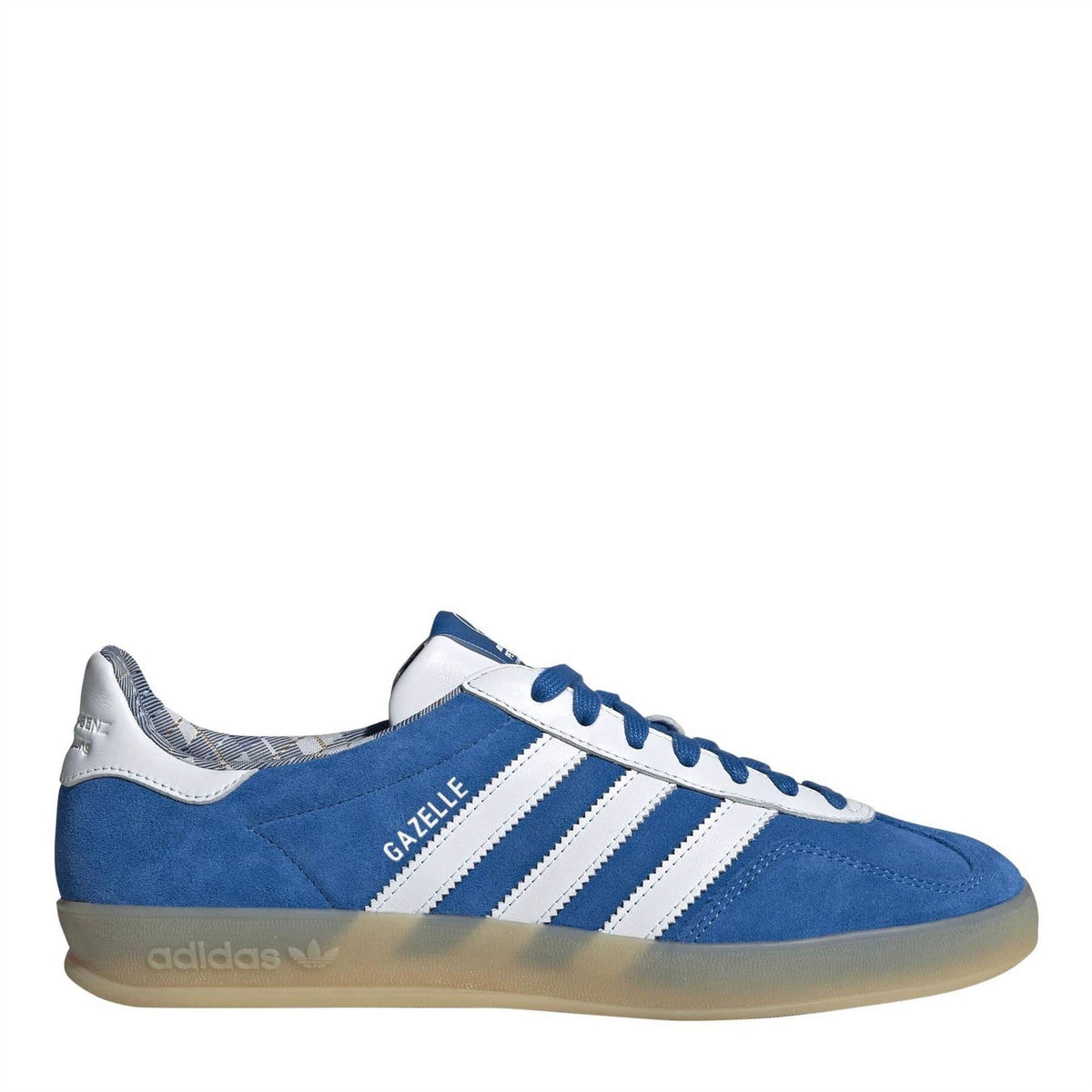 adidas Originals Gazelle low-top canvas sneakers, blue upper with white stripes, lace-up.