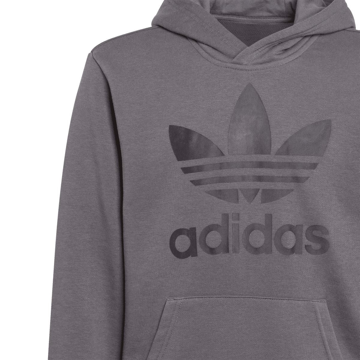 Grey junior hoodie with large adidas Trefoil graphic and kangaroo pocket, pullover hood
