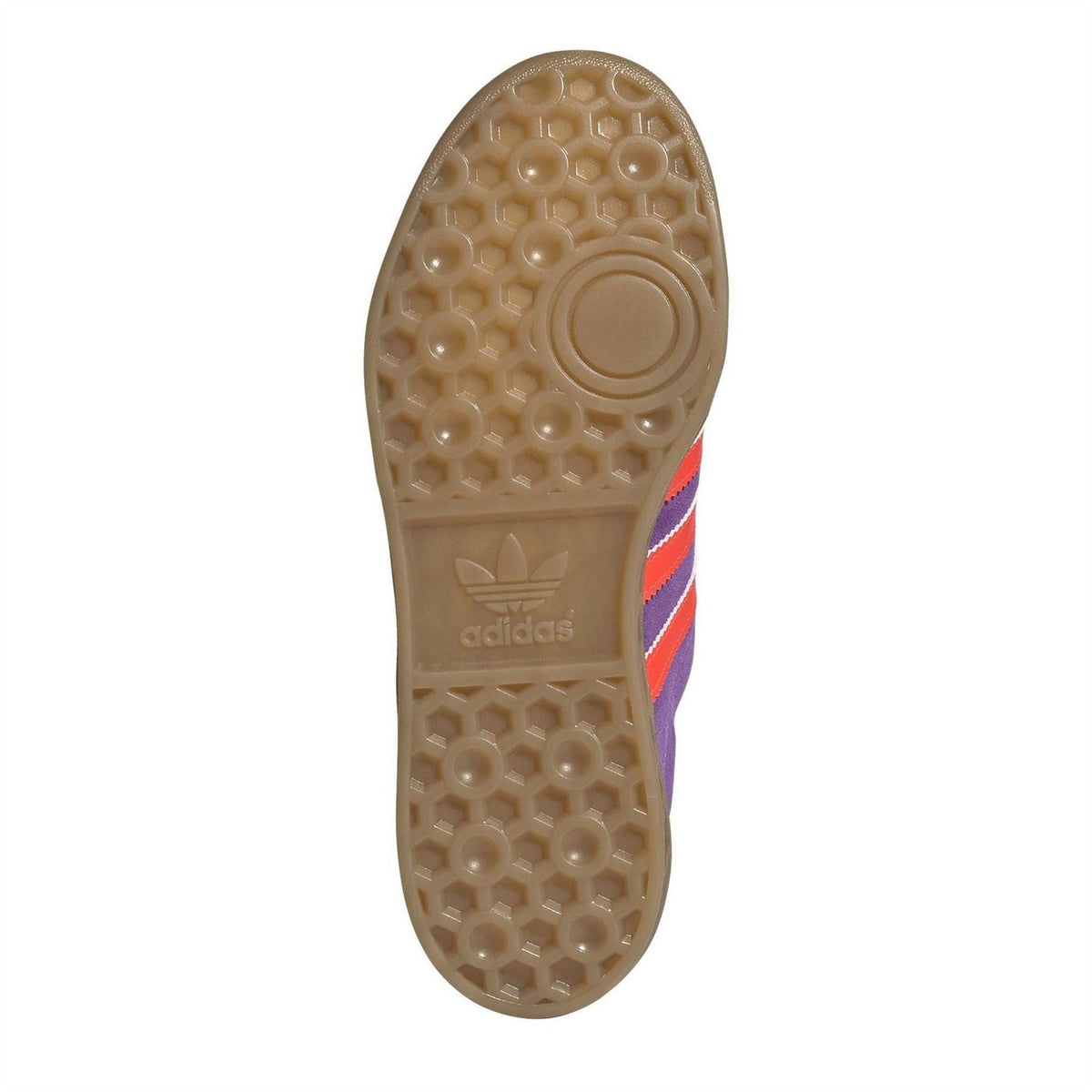 Gum rubber outsole for purple adidas Hamburg sneaker with tread and adidas logo