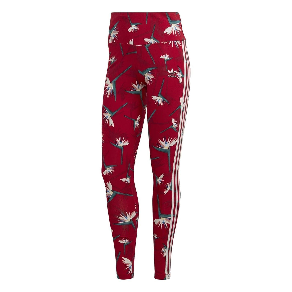 Red adidas leggings with tropical leaf and flower print, side three-stripe accents