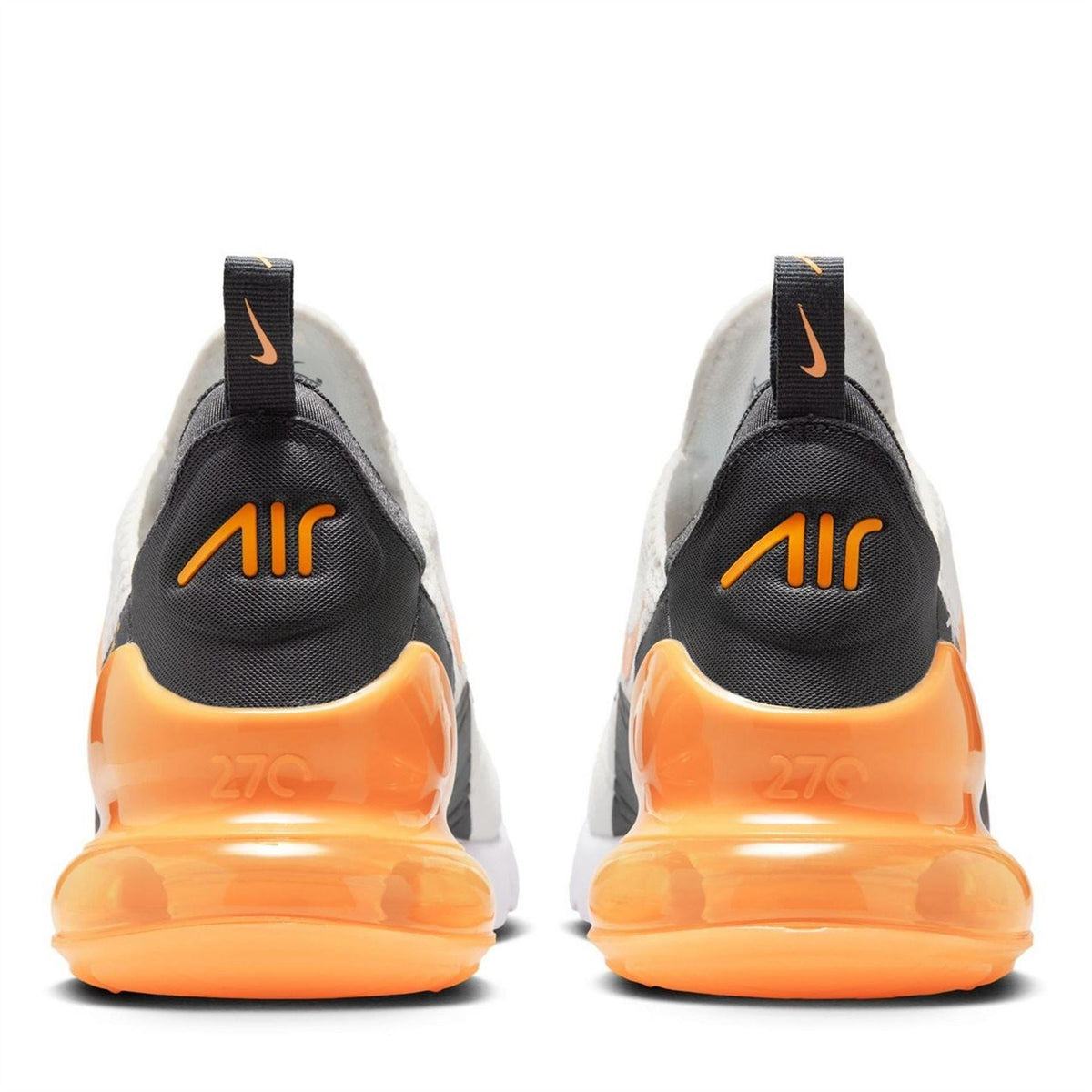 Nike Air Max 270 trainers, black heel counter with orange Air unit and orange lace