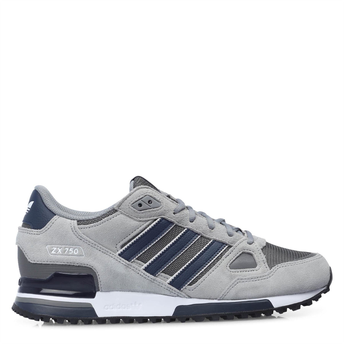 Grey and navy adidas ZX 750 sneakers with suede upper, three stripes, lace-up