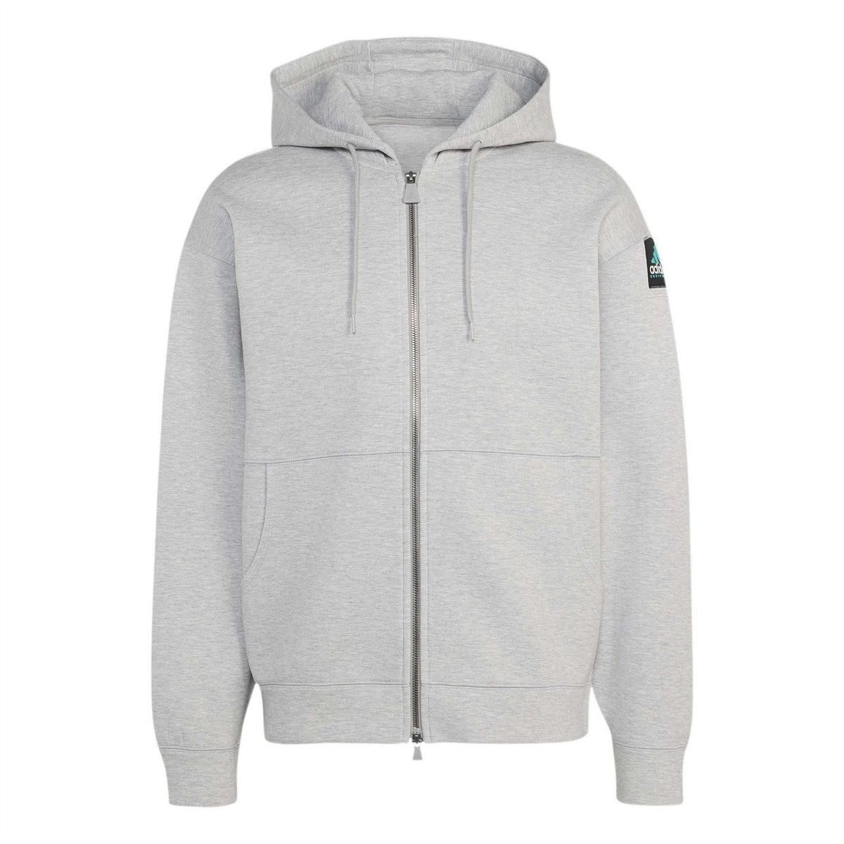 Grey heather zip-up hooded jacket with full front zipper and drawstring hood