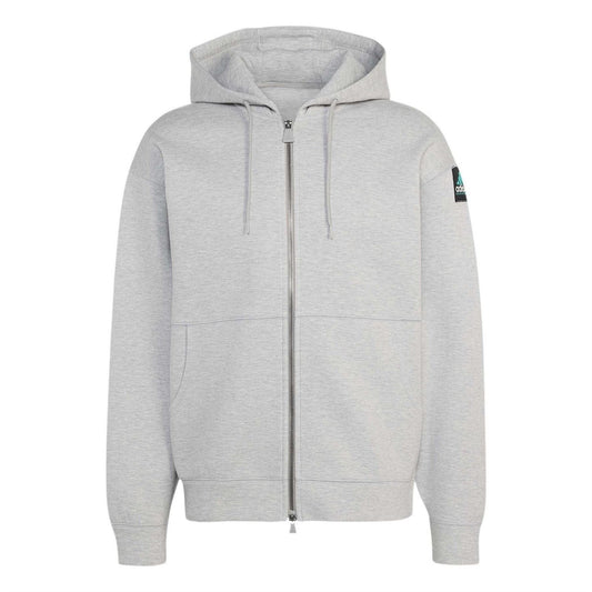 Grey heather zip-up hooded jacket with full front zipper and drawstring hood