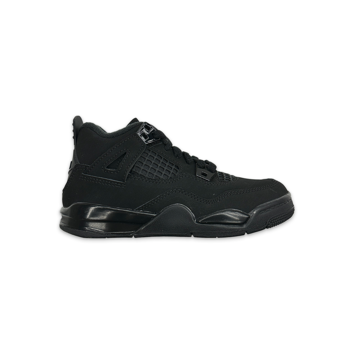 Kids Air Jordan 4 Retro sneaker in dark leather, lace-up with black rubber sole.