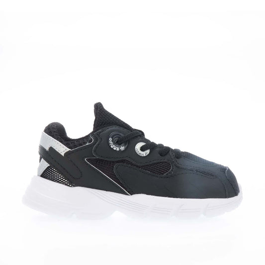 Infant black sneakers with white side stripes, mesh upper, lace-up front, cushioned sole