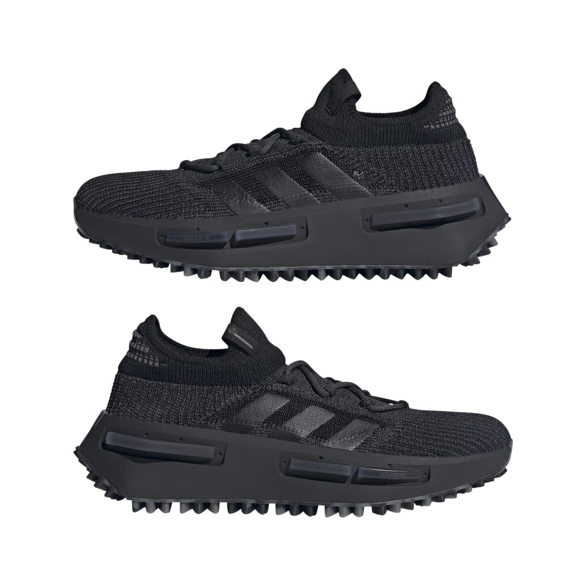 Pair of black knit adidas Originals NMD_S1 trainers with lace-up and treaded soles