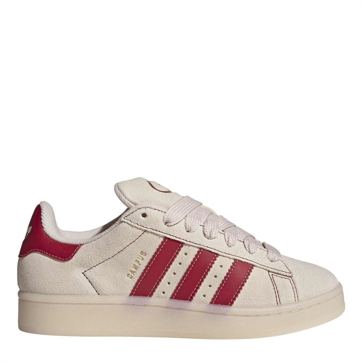 Light beige Adidas Originals sneakers with red accents and three red stripes, lace-up