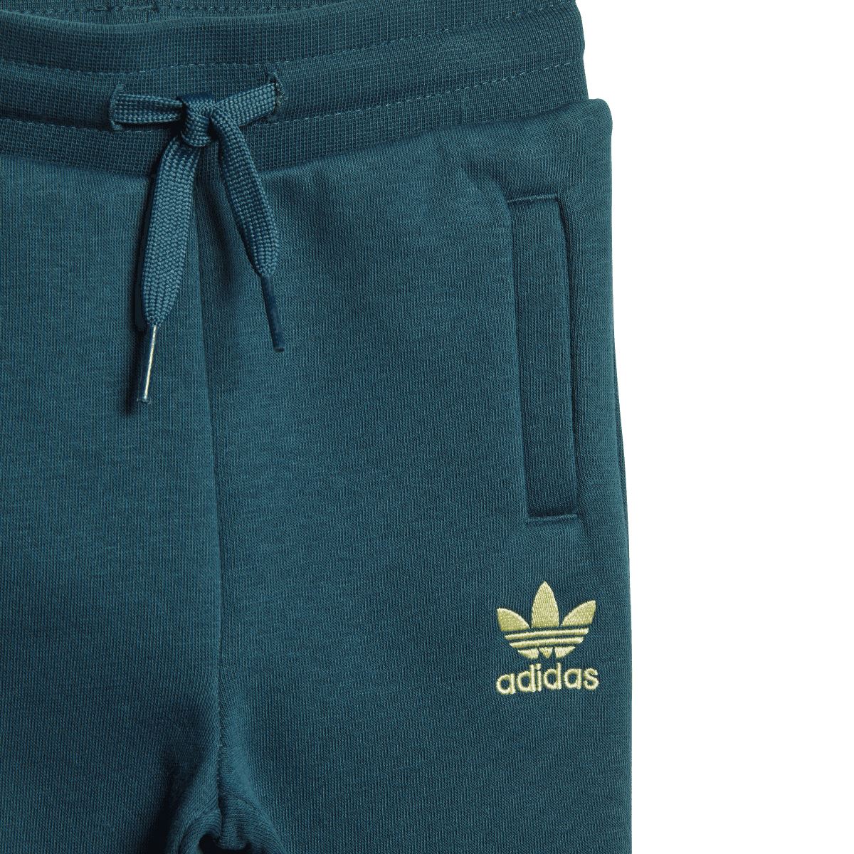 Teal joggers with drawstring waist, side pocket, and gold adidas logo