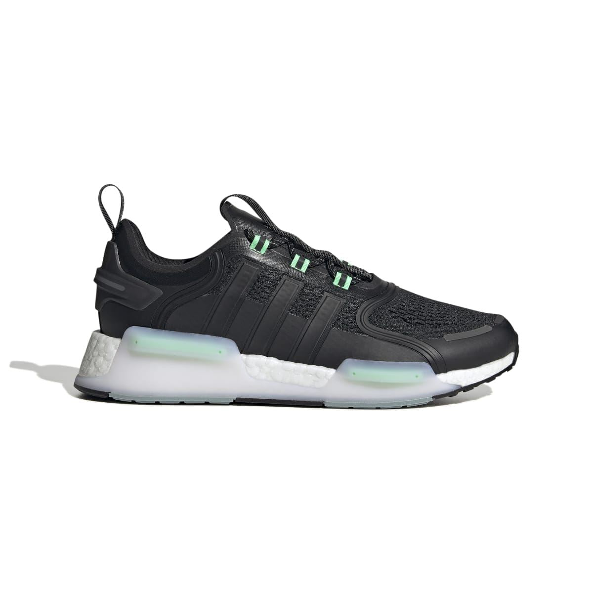 Black NMD_V3 trainers with green lace accents and white cushioned midsole