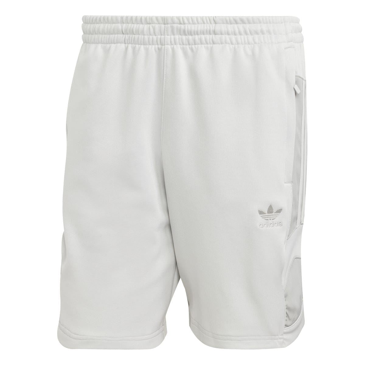 Light grey athletic shorts with elastic waistband and side pockets, adidas logo on leg