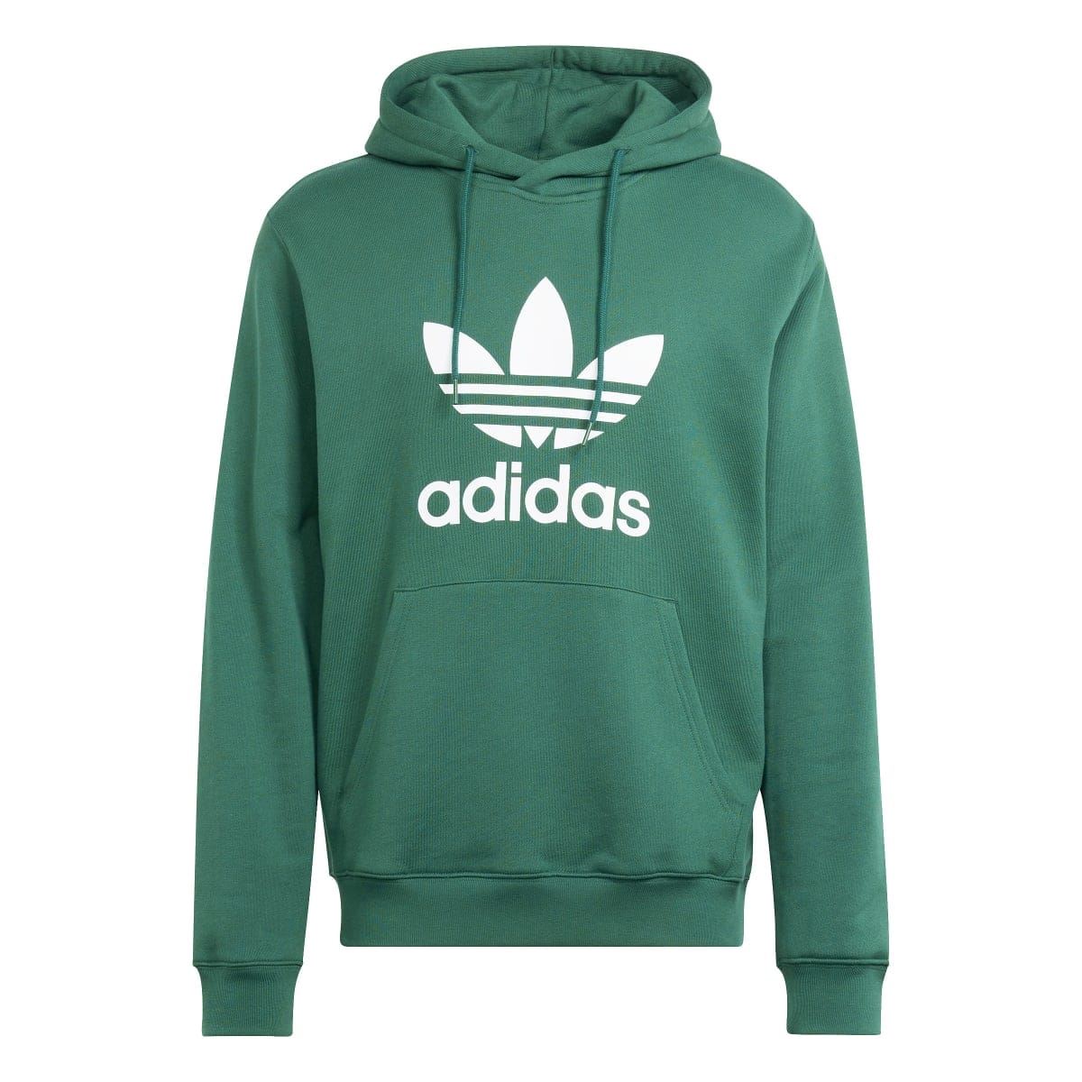 Green hoodie with centered trefoil emblem and adidas wordmark on the chest