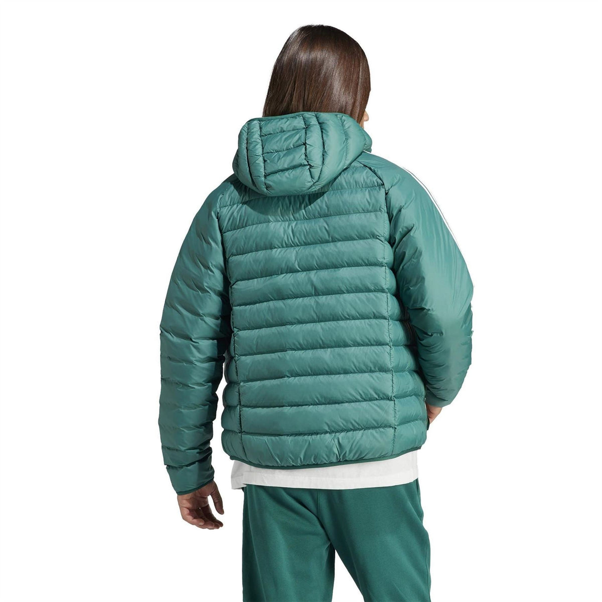 Teal quilted hooded puffer jacket with ribbed cuffs and back view hood