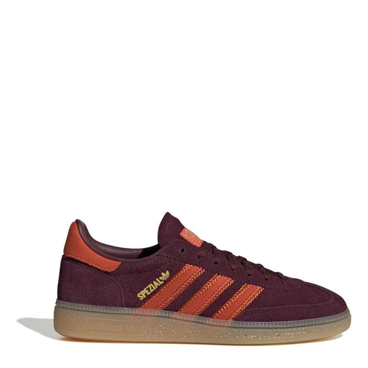 Women’s suede low-top sneakers, burgundy with orange stripes and gum sole