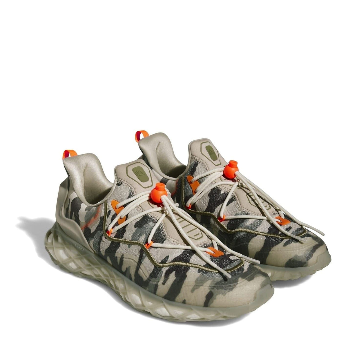 Pair of camo chunky trainers with orange lace details and thick cushioned sole