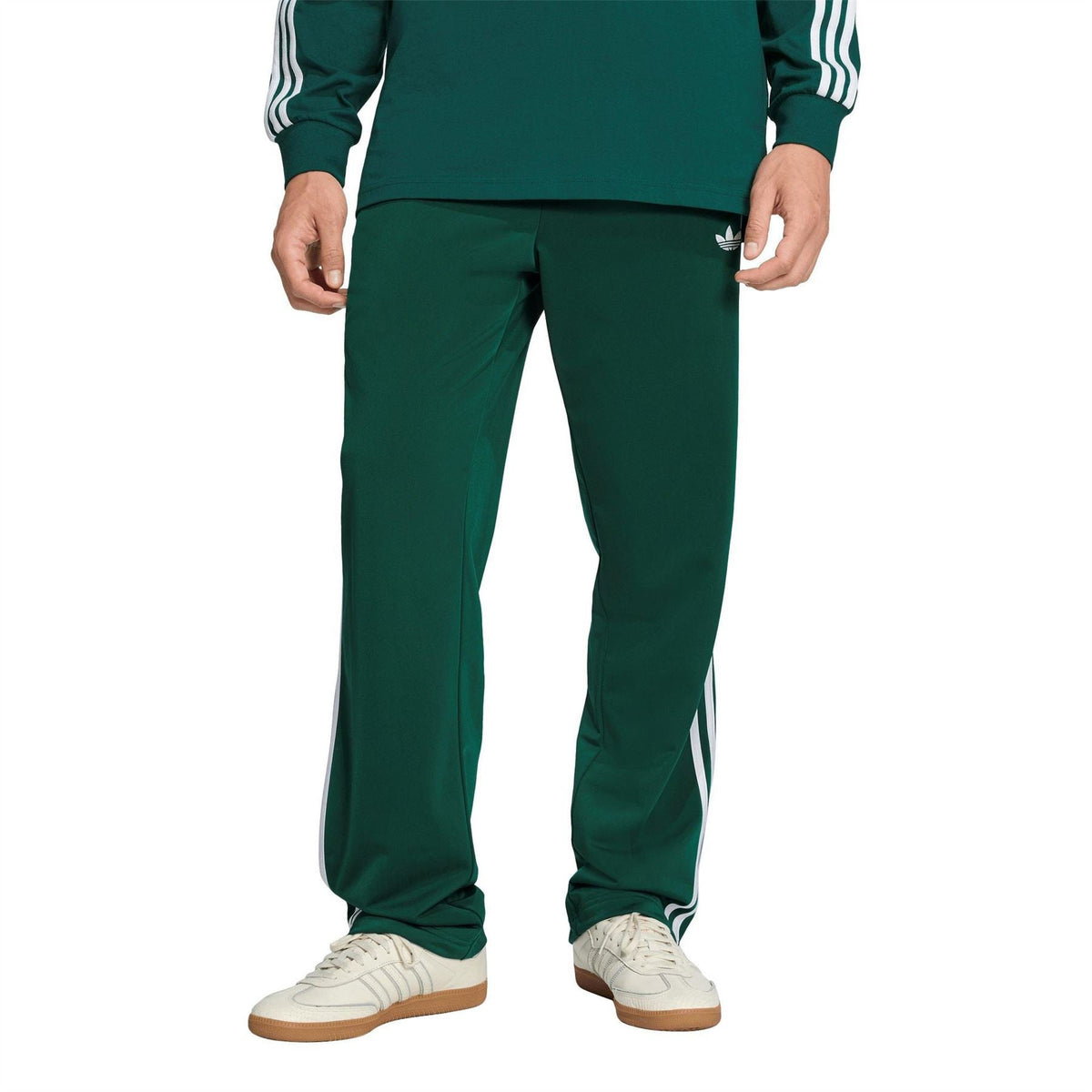 Men's dark green track joggers with white side stripes and open cuff hem