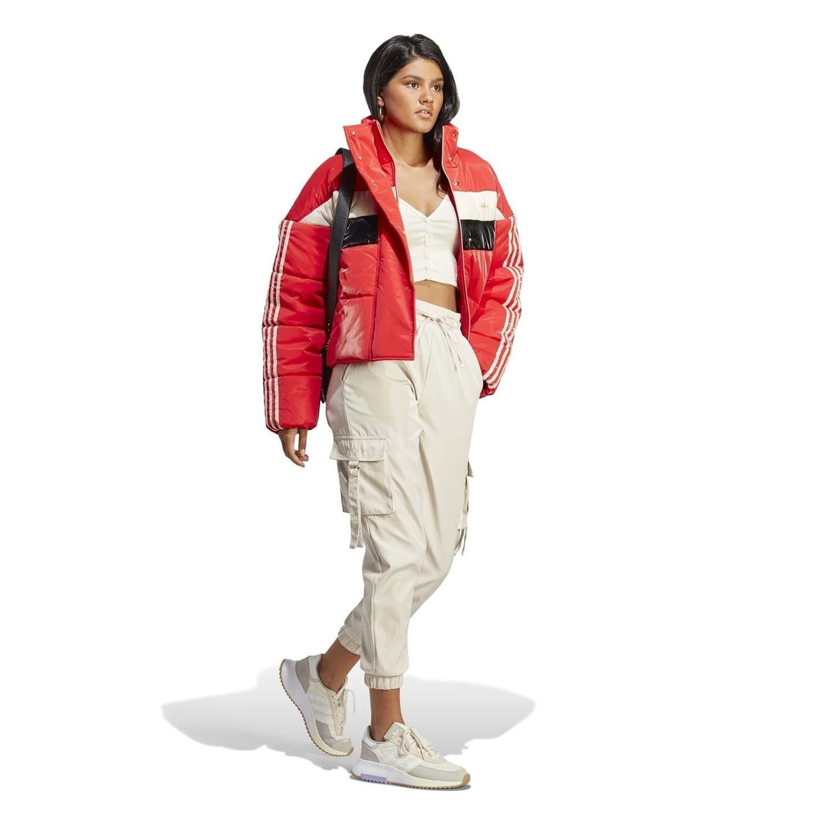 adidas Originals high-neck bomber coat with a sleek design, featuring a fitted silhouette and stylish details.