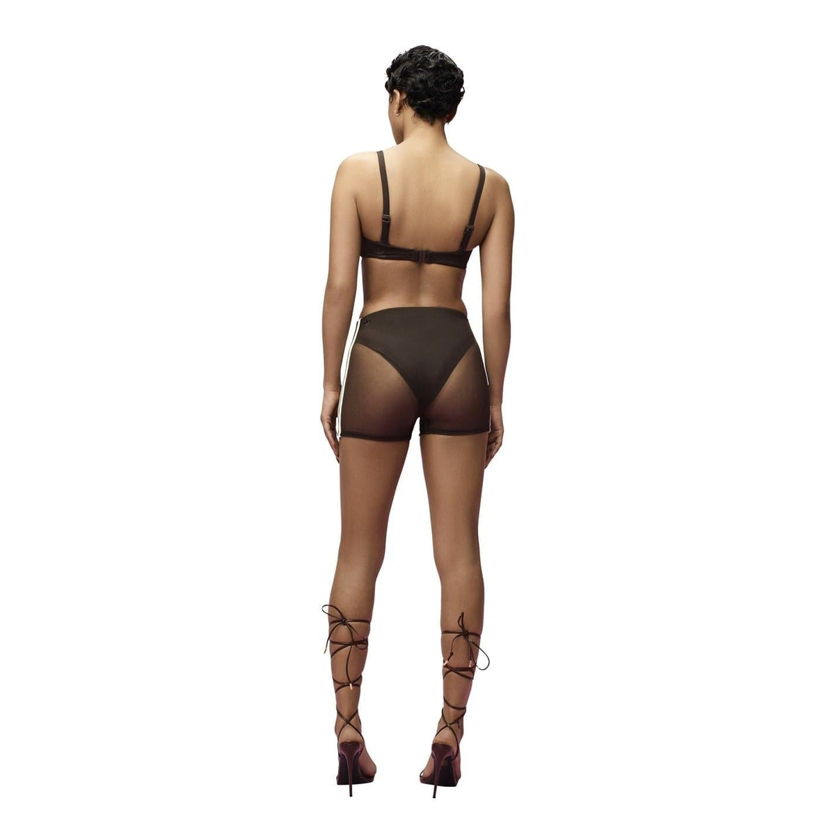 Brown mesh swim shorts on model, back view with contrast side stripe