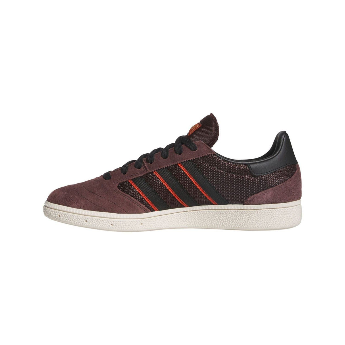 Brown suede and mesh low-top trainers with black collar, red adidas stripes, and white sole