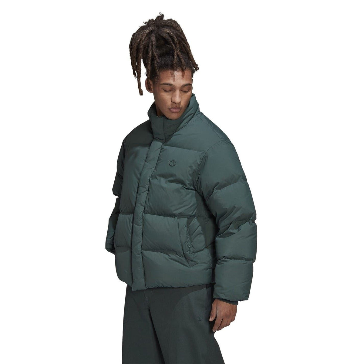 adidas Originals relaxed fit down jacket with a collared neck, black color, and quilted design, suitable for cold weather.