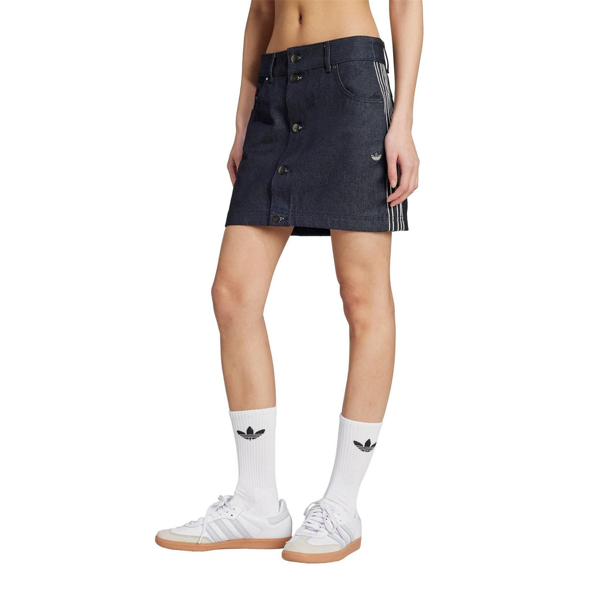 adidas Originals indigo denim skirt on model, side view with button front