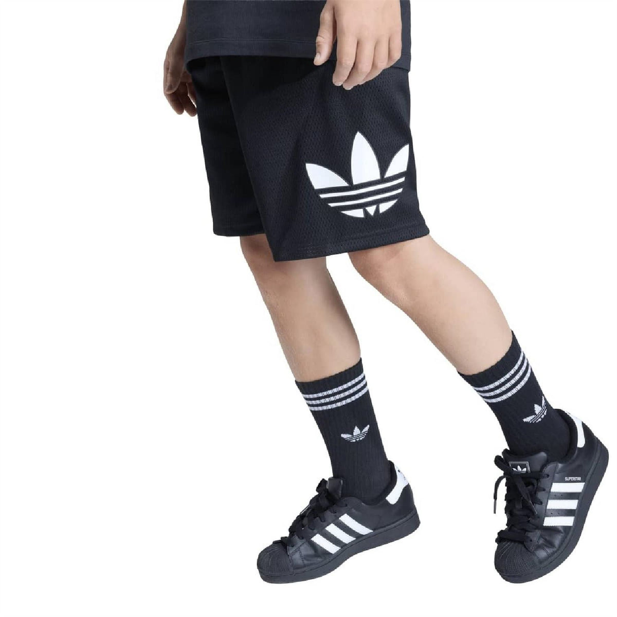 Black loose shorts with large white side trefoil logo and elastic waistband