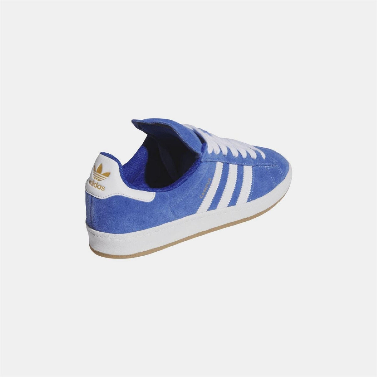 Blue adidas trainer heel with Trefoil emblem and white three stripes