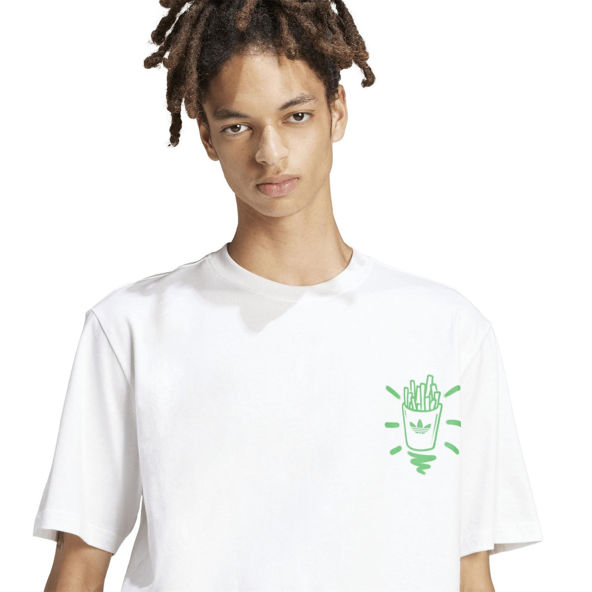 adidas Originals T-shirt, white, close-up of front green graphic