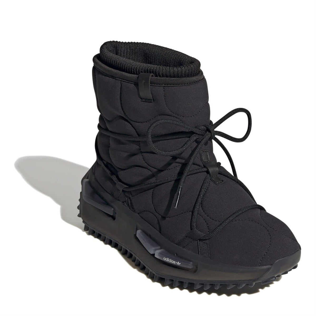 Black Adidas boot with drawstring ankle cuff, lace-up front, and rugged tread sole.