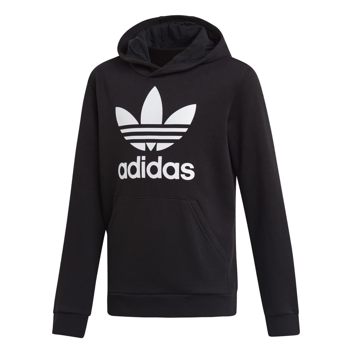 Black adidas Originals junior trefoil hoodie with white logo graphic and kangaroo pocket
