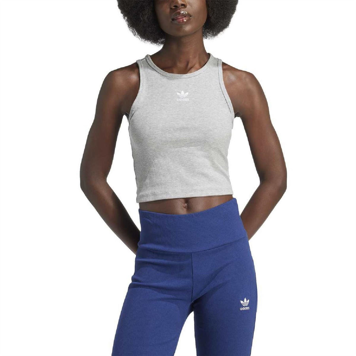 Medium grey crew-neck rib tank with small adidas Trefoil logo at chest