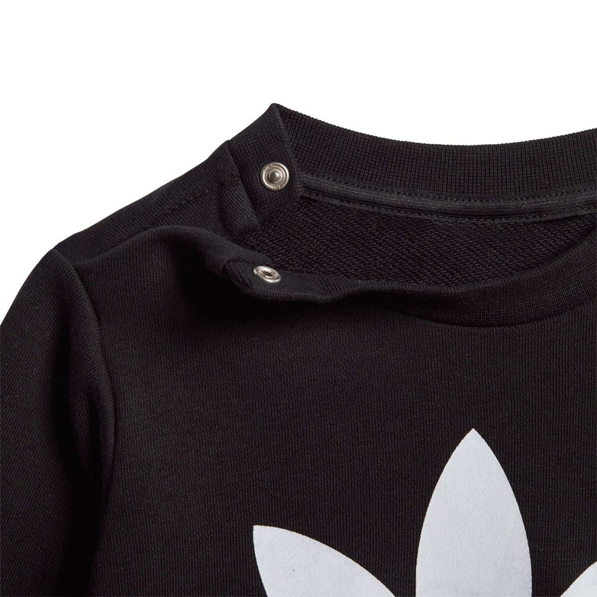 Infants black sweatshirt with snap-button shoulder and large adidas logo graphic