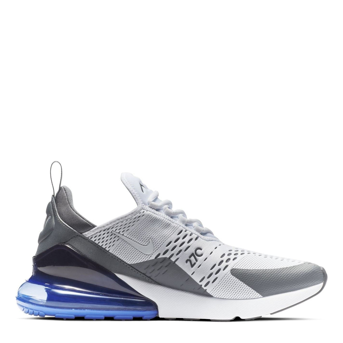 Nike Air Max 270 trainer in light gray with blue outsole and blue Air unit