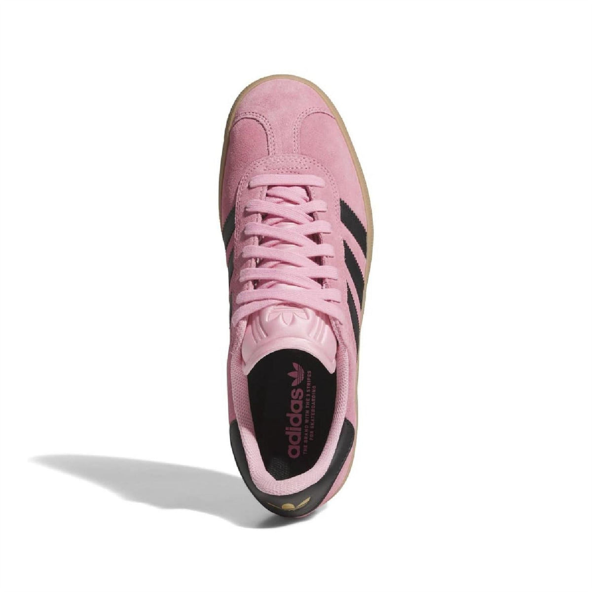 Light pink suede Gazelle ADV trainers with pink laces and adidas heel lining