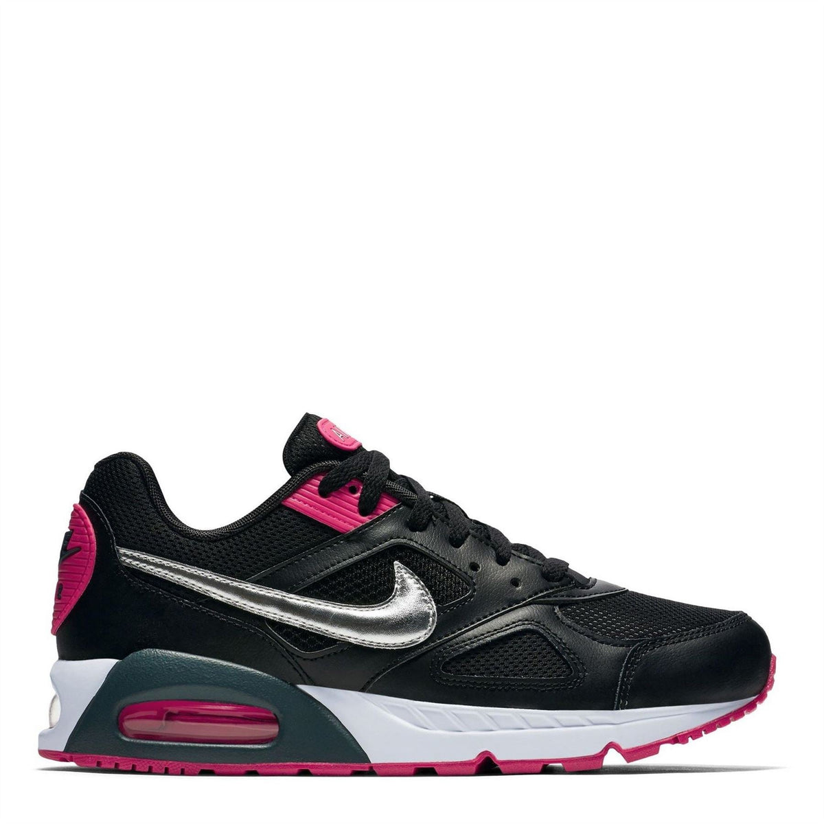 Women's black Air Max sneaker with pink accents, silver swoosh, lace-up