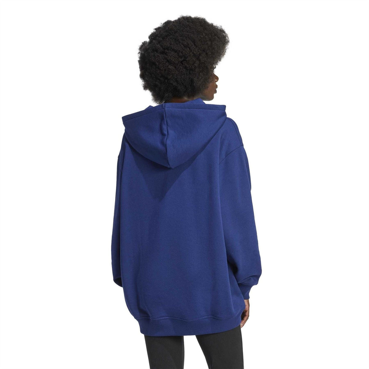 Dark blue hoodie back view with hood and kangaroo pocket