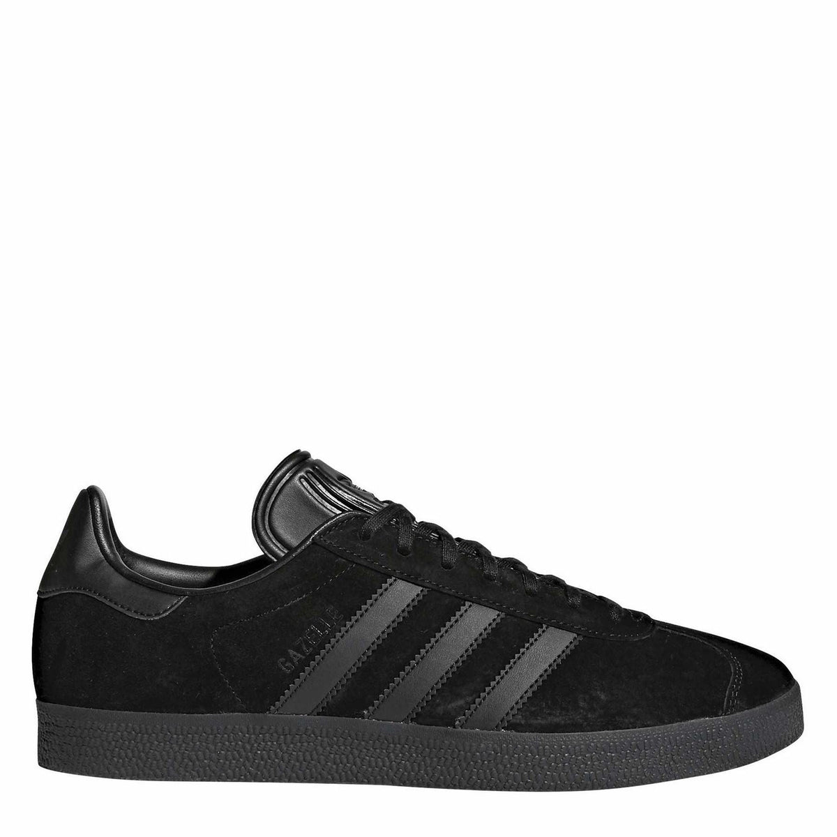 Black suede low-top sneakers with three stripe overlays and lace-up closure.