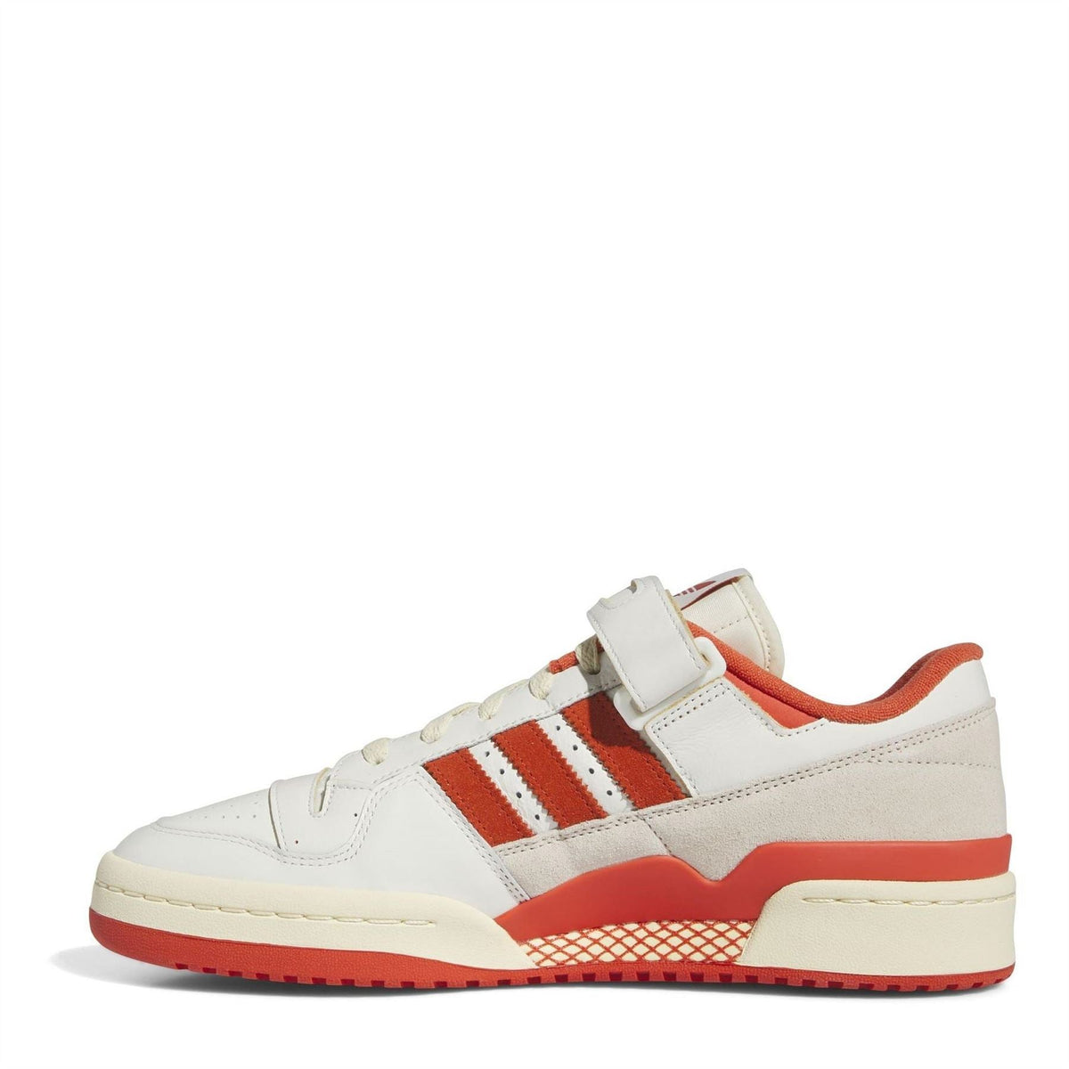 Low-top sneakers: ivory side panels with red three stripes and orange sole trim