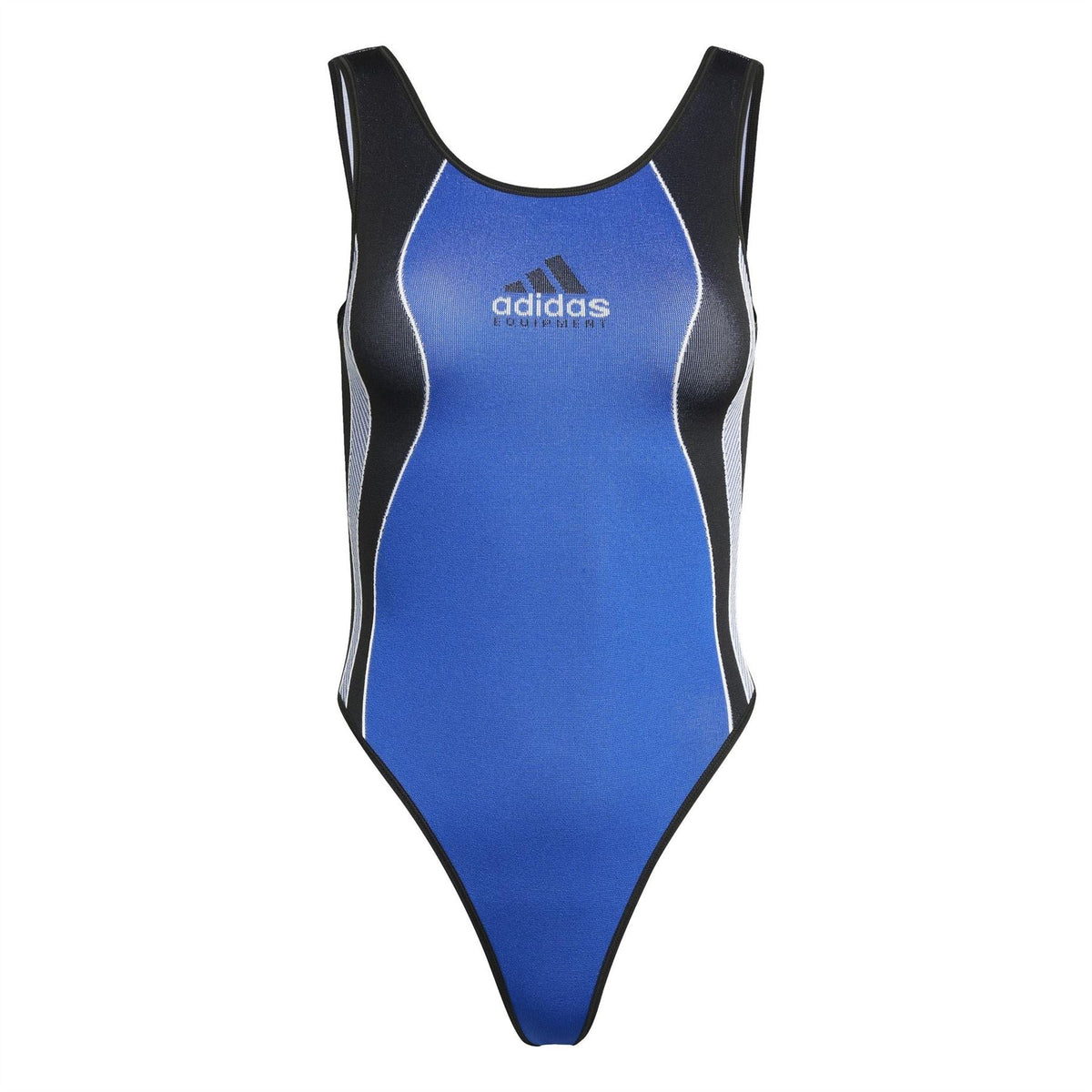 Blue one-piece swimsuit body with black side panels and adidas Equipment logo