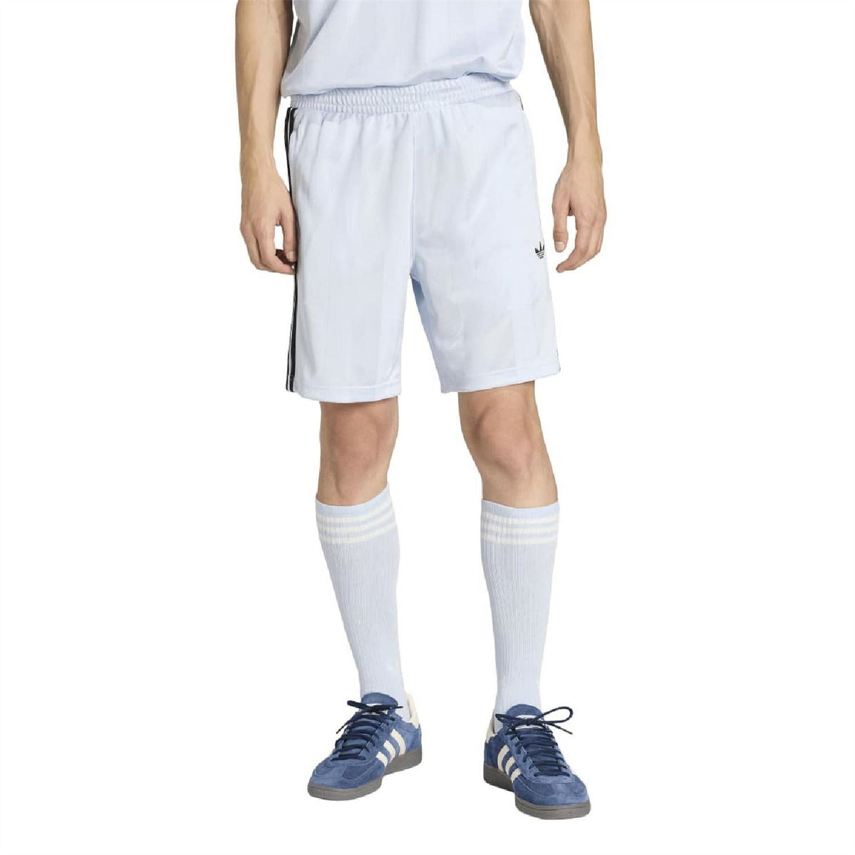 Light blue adidas Originals shorts with elastic waistband and black 3-stripe side detail