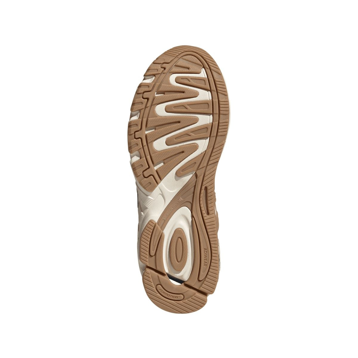 Navy sneaker outsole with tan rubber tread and white midsole edge