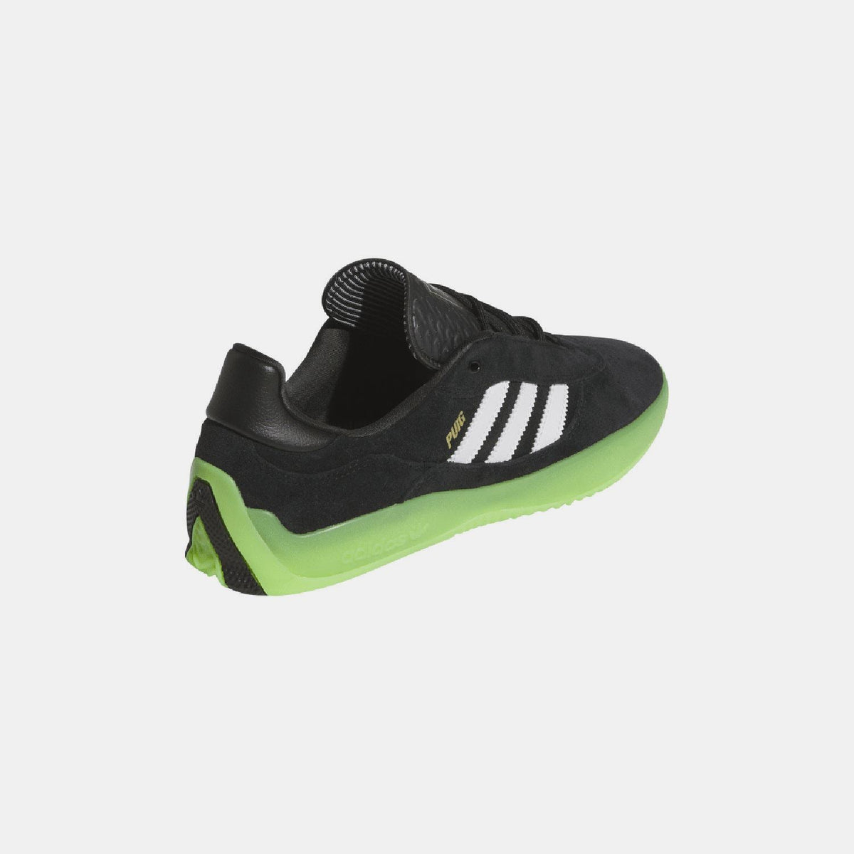 Black heel and side view sneaker with white stripes and neon green midsole