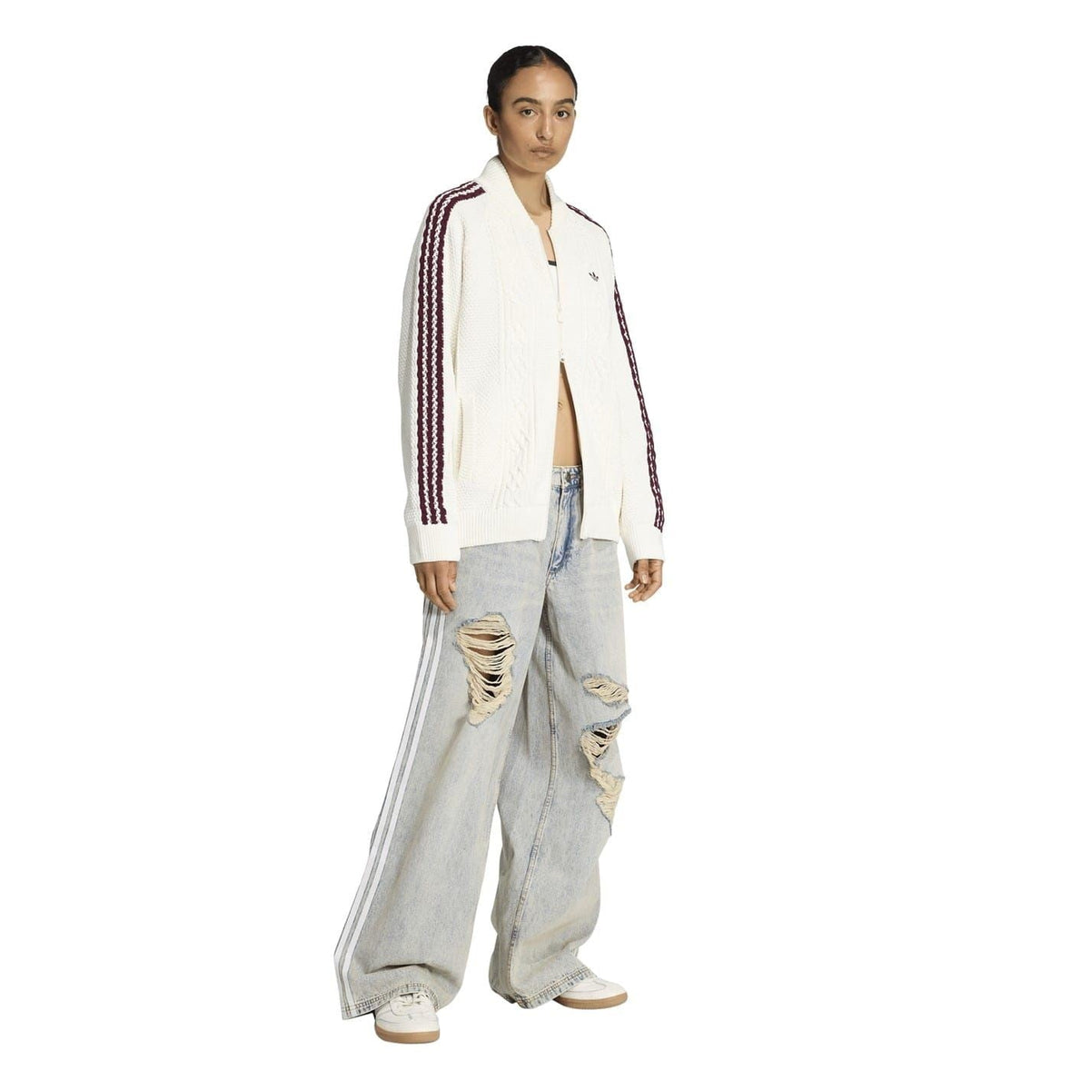 adidas Originals white cable-knit full-zip sweater with maroon sleeve stripes and front zip