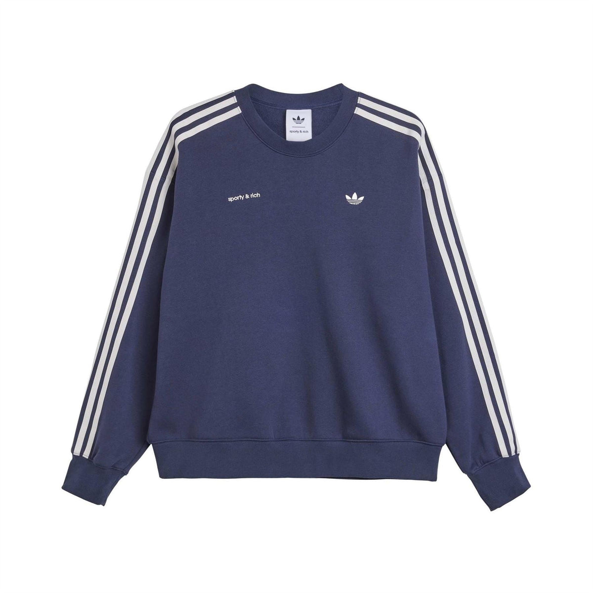 Navy sweatshirt with three white stripe sleeves and small logo on chest