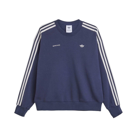 Navy sweatshirt with three white stripe sleeves and small logo on chest