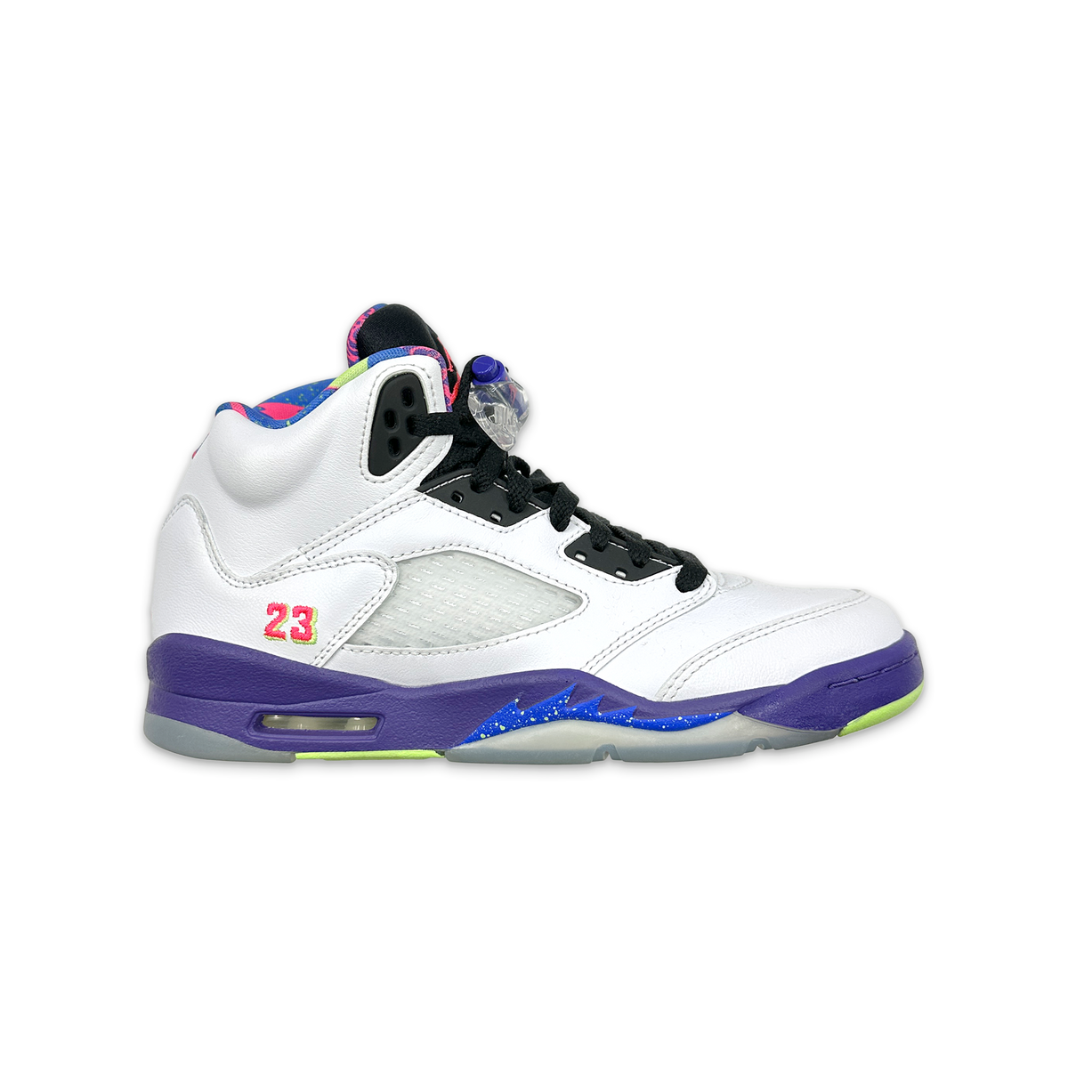 Kids Air Jordan 5 Retro sneaker, white leather with purple and blue accents, black laces
